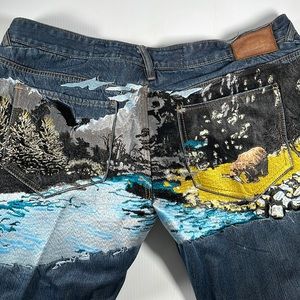 Akoo Blue Jeans Nature Bear Embroidered Scene Pants  size 42 distressed straight